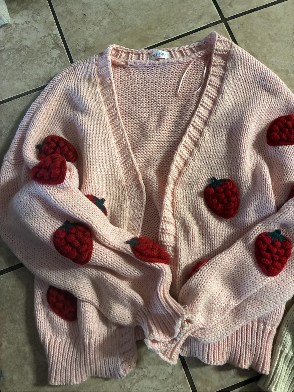 vestique Pink Knit Cardigan with Red Strawberry Appliqués